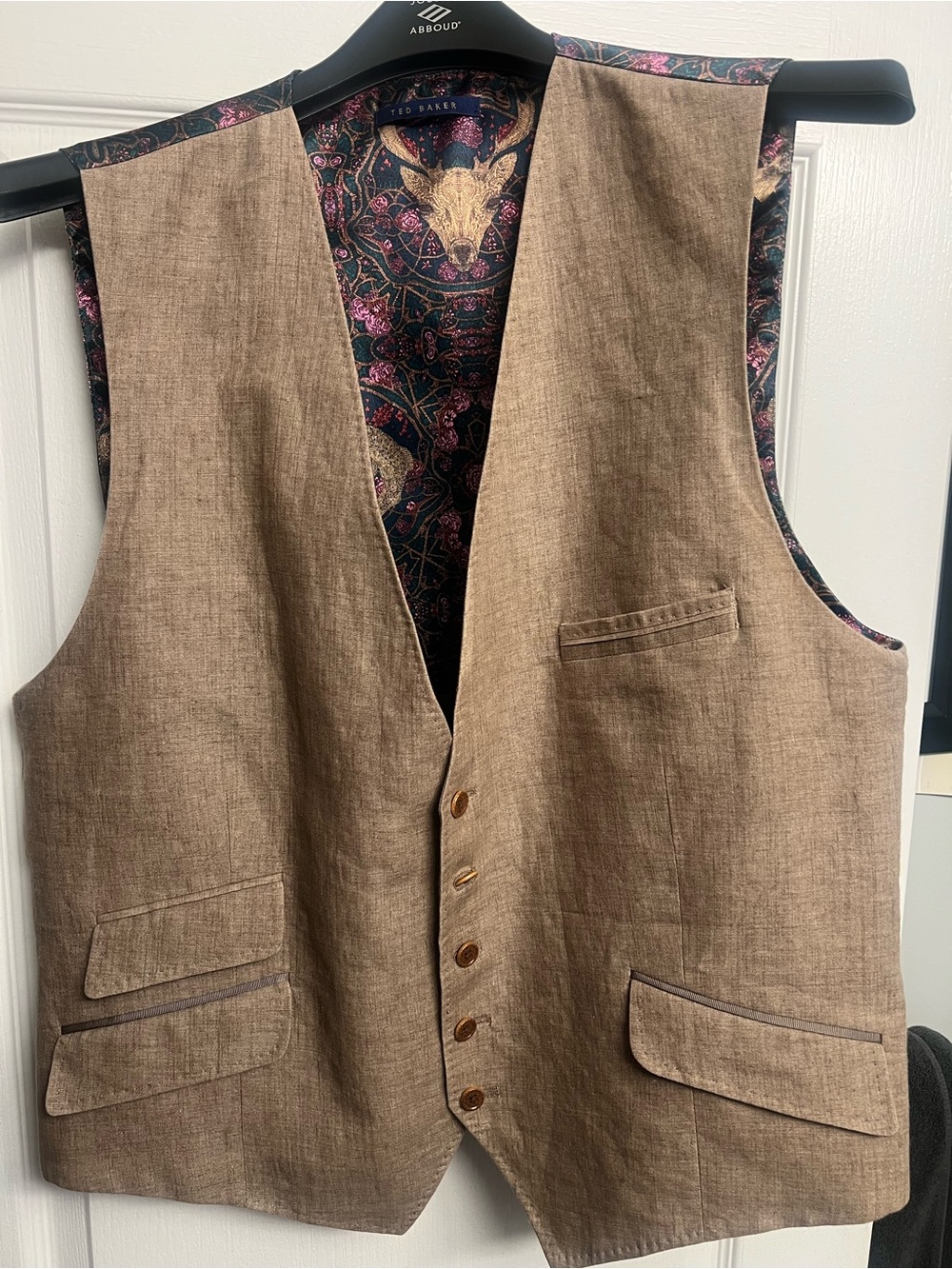 Ted Baker Beige Waistcoat with Multicolor Floral and Deer-Print Lining